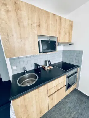 a kitchen with a sink and a microwave at Apartmány Bryksova in Prague
