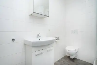 a white bathroom with a sink and a toilet at Bright, Spacious Apartment in the Historic Centre in Prague