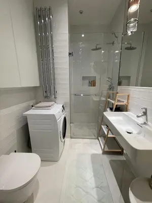 a bathroom with a toilet and a shower and a washing machine at Luxury apartment in the centre in Prague