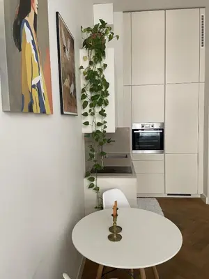 a white kitchen with a white table and a plant at Luxury apartment in the centre in Prague