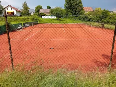 a tennis court with a net on it at Apartmán Chrpa in Snědovice