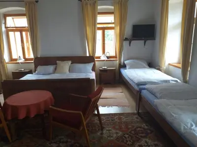 a room with three beds and a table and a chair at Apartmán Chrpa in Snědovice