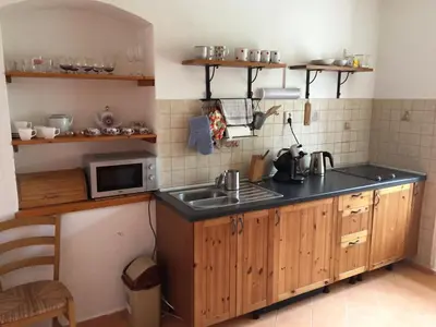a kitchen with a sink and a microwave at Apartmán Chrpa in Snědovice