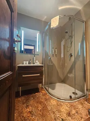 a bathroom with a shower and a sink at Hotel Galerie in Roudnice nad Labem