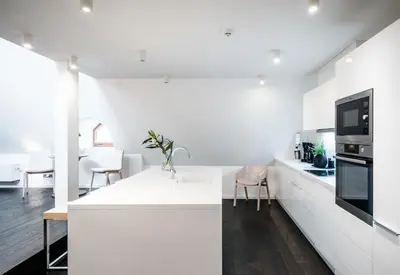a white kitchen with a sink and a stove at LUX Penthouse Apartments near Wenceslas Square in Prague