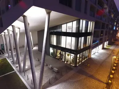 an overhead view of a building at night at Port Karolina Luxury Residence in Prague