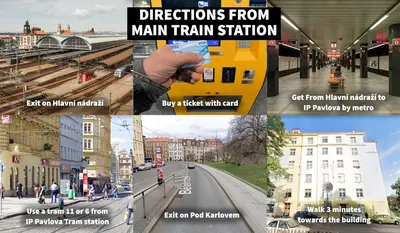 a collage of pictures of main train stations and a city at Double King Size Sunny Suite In Castle Area in Prague