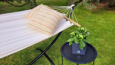a hammock with a table and a potted plant at Wellness Aqua House in Prague