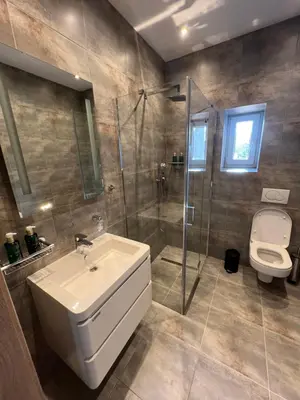 a bathroom with a sink and a shower and a toilet at Apartmány Pekárna 1898 in Beroun
