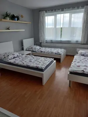 a bedroom with three beds and a window at Paradise villa apartment in Prague