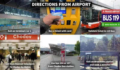 a collage of pictures of different signs and buses at King Size Sunny Home 19 minutes to Center in Prague