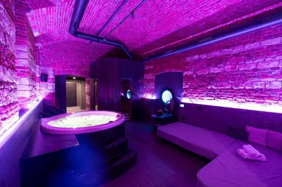 a purple room with a jacuzzi tub and a brick wall at SPA SPA Opletalova in Prague