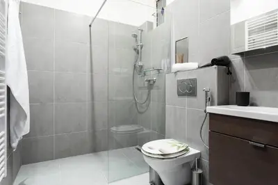 a bathroom with a shower and a toilet and a sink at Bright and Spacious Attic Apartment in Prague