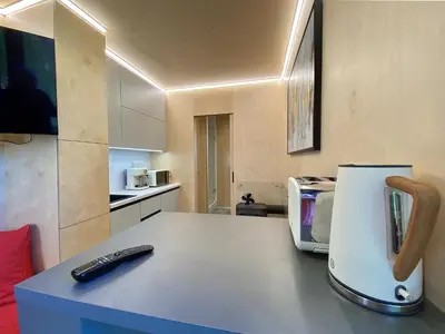 a remote control sitting on top of a counter in a kitchen at Luxusní apartmán v Praze Klánovicích na zahradě, 20 minut do centra Prahy in Šestajovice