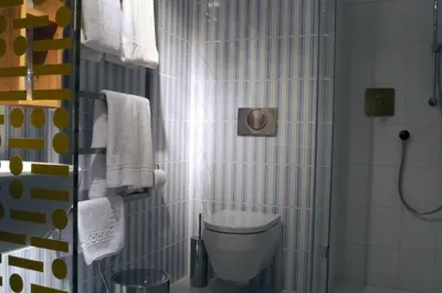 a bathroom with a toilet and a shower with towels at Hotel Kokořín in Kokořín