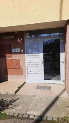 a front door of a building with a person standing outside at Apartment Kamýk in Prague