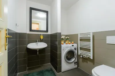 a bathroom with a washing machine and a sink at Superb apartments near Dlouha street in Prague
