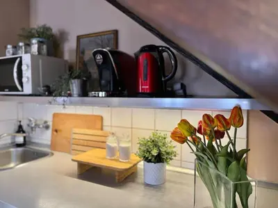 a living room with a couch and a fireplace at 2-Floor Traditional Prague Apartment in Prague