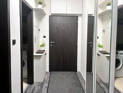 a bathroom with a brown door and a toilet at British Quarter Apartments in Prague