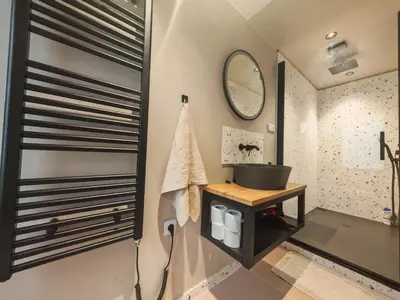 a bathroom with a sink and a mirror at Spacious, Light Studio Apartment in Vinohrady in Prague