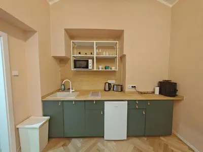 a kitchen with green cabinets and a counter top at Spacious, Light Studio Apartment in Vinohrady in Prague