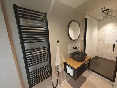 a bathroom with a sink and a mirror at Spacious, Light Studio Apartment in Vinohrady in Prague