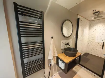 a bathroom with a sink and a mirror at Spacious, Light Studio Apartment in Vinohrady in Prague