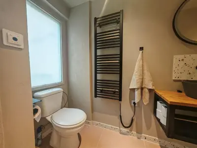 a bathroom with a toilet and a window at Spacious, Light Studio Apartment in Vinohrady in Prague