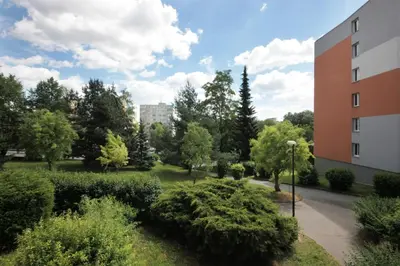 a view of a park with trees and a building at Jana's apartment, free parking in Prague