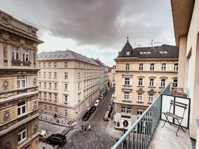 a view of a city street with buildings at TurnKey I Vintage Terrace Apartment in Prague