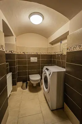 a bathroom with a washing machine and a toilet at Modern and Spacious Apartments in City Center in Prague