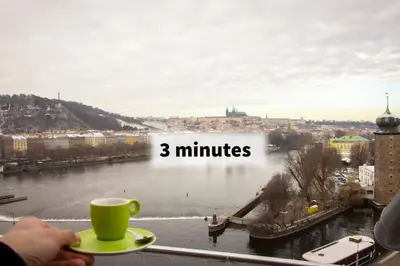 a person holding a cup of coffee on a balcony overlooking a river at Balcony King Suite 12 min from Charles Bridge in Prague