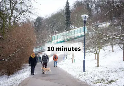 people walking down a sidewalk with a sign that reads minutes at Balcony King Suite 12 min from Charles Bridge in Prague