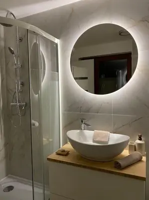 a bathroom with a sink and a shower with a mirror at Garden House in Roudnice nad Labem