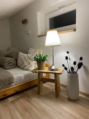 a living room with a couch and a table with a lamp at Garden House in Roudnice nad Labem