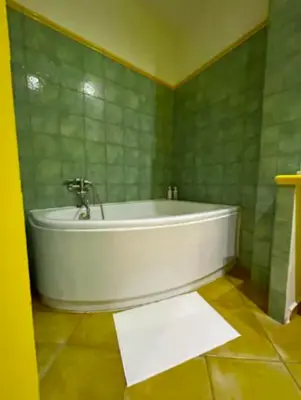 a bath tub in a bathroom with a green wall at Old Town Konviktská - Bohemian Residence in Prague