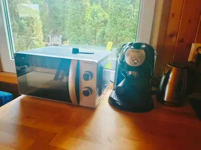 a microwave and a toaster sitting on a table at Chata Slapy - Ždáň in Slapy