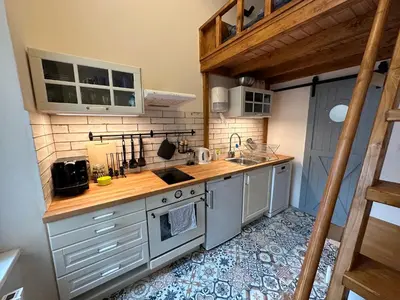 a kitchen with a sink and a stove at Cozy New Loft Apartment in Prague