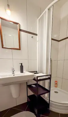 a bathroom with a sink and a shower and a toilet at Modern apartment Krymská & Francouzská street in Prague
