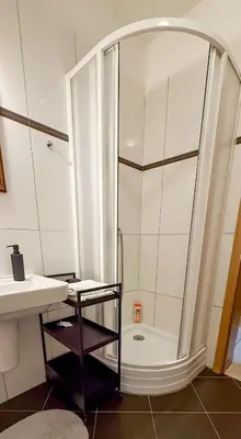 a bathroom with a shower and a sink at Modern apartment Krymská & Francouzská street in Prague