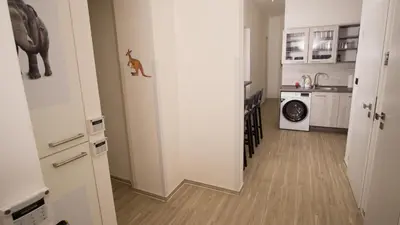 a kitchen with a hallway with a cat on the door at Apartment CONTINENTS nearby Main Train and Bus Station in Prague