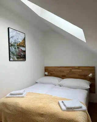 a bedroom with a white bed with a skylight at Penzion MOVEINN in Prague