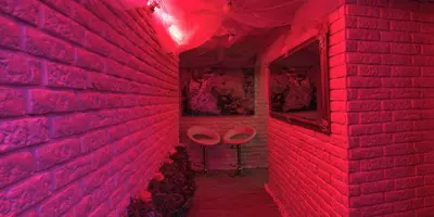 a red room with a brick wall and red lights at Afrodita Wellness Apartman Prague in Prague