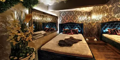 a room with two beds and a large mirror at Afrodita Wellness Apartman Prague in Prague
