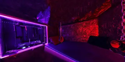 a room with a bed and a window with purple lights at Afrodita Wellness Apartman Prague in Prague