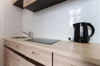 a kitchen with a black tea kettle on a counter at Favorite apartment in the center of Prague 1 in Prague