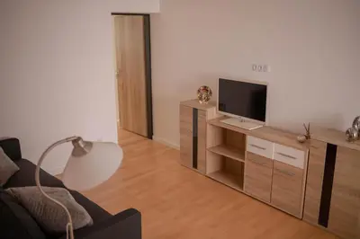 a living room with a flat screen tv on a wooden entertainment center at Rezidence Kbely - Free Parking in Prague