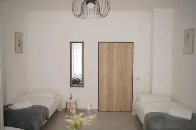 a room with two beds and a wooden door at Rezidence Kbely - Free Parking in Prague