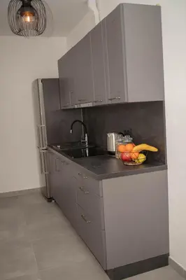 a kitchen with a sink and a bowl of fruit on the counter at Rezidence Kbely - Free Parking in Prague