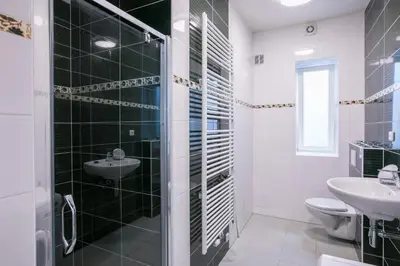 a black and white bathroom with a sink and a toilet at Cozy apartment in quiet courtyard near Charles Bridge in Prague